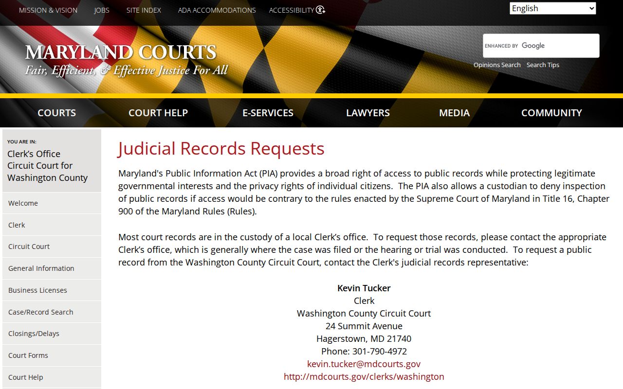 Washington County court release record request contact