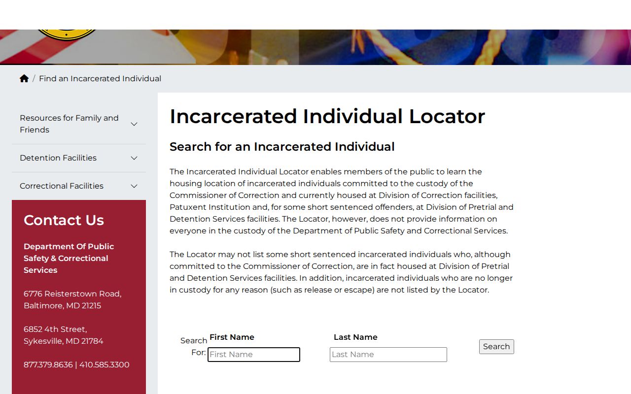 Maryland DPSCS locator warning for a Washington County release date lookup