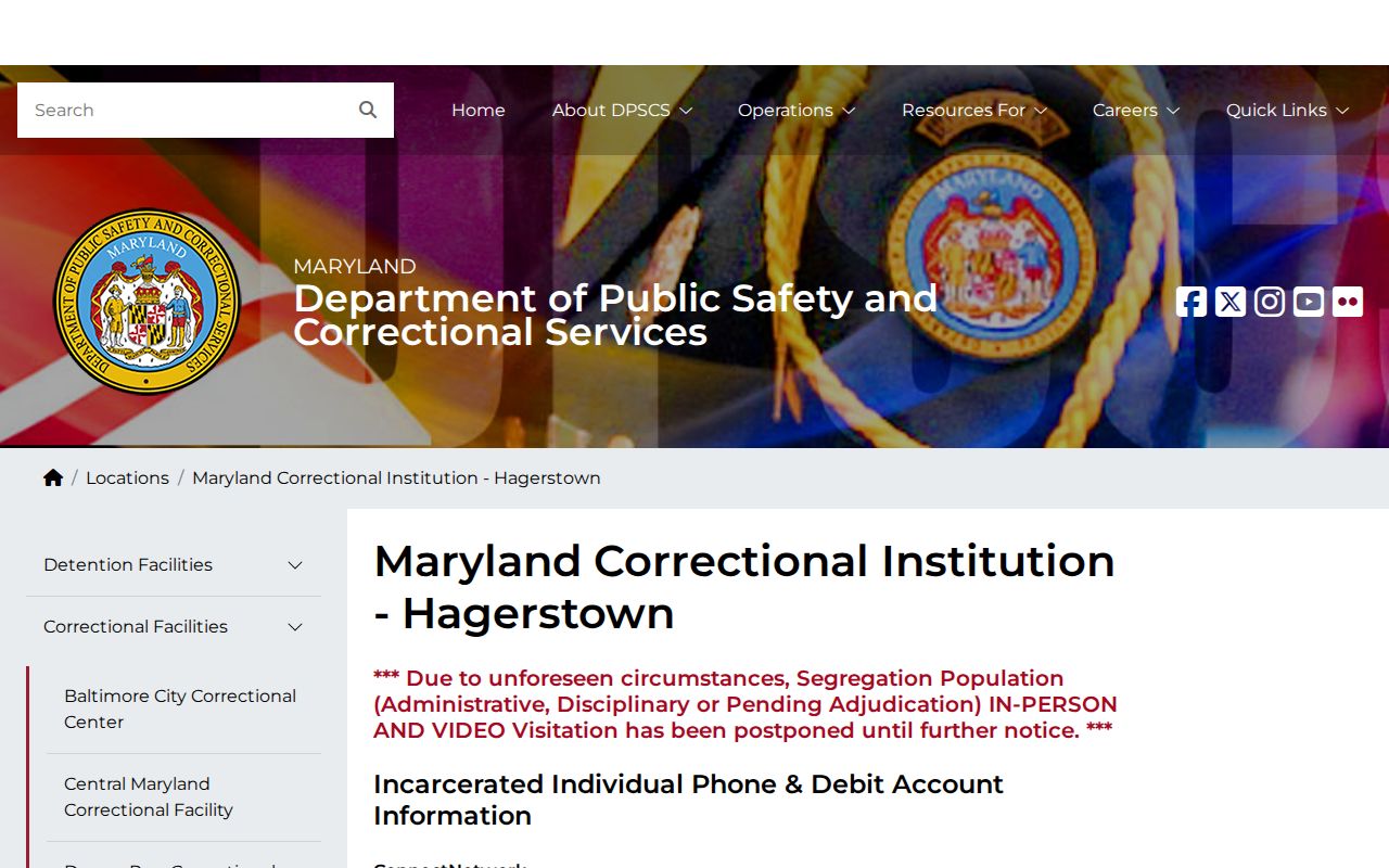 Maryland Correctional Institution-Hagerstown release records official facility page