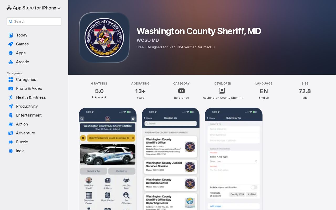 Official WCSO MD app used for current Washington County booking photo access