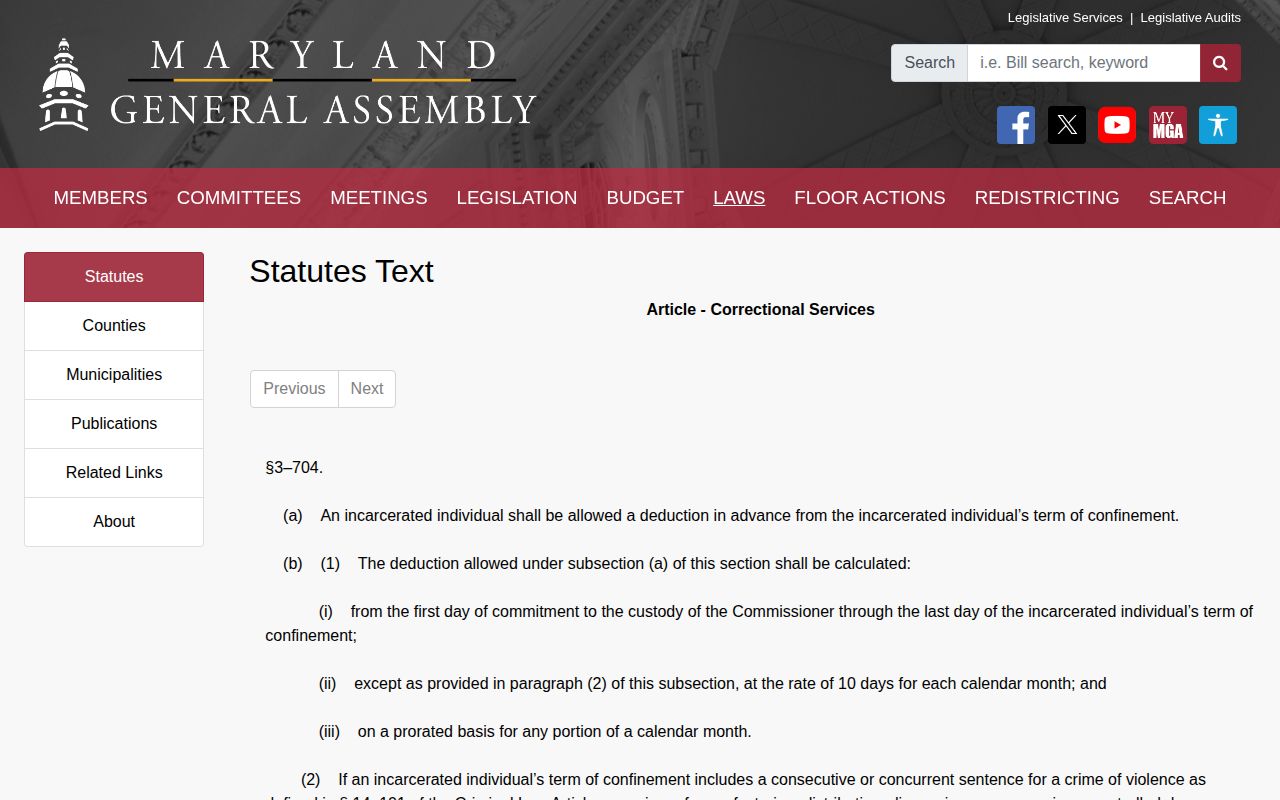 Maryland good-conduct credit statute for Washington County state release date calculations